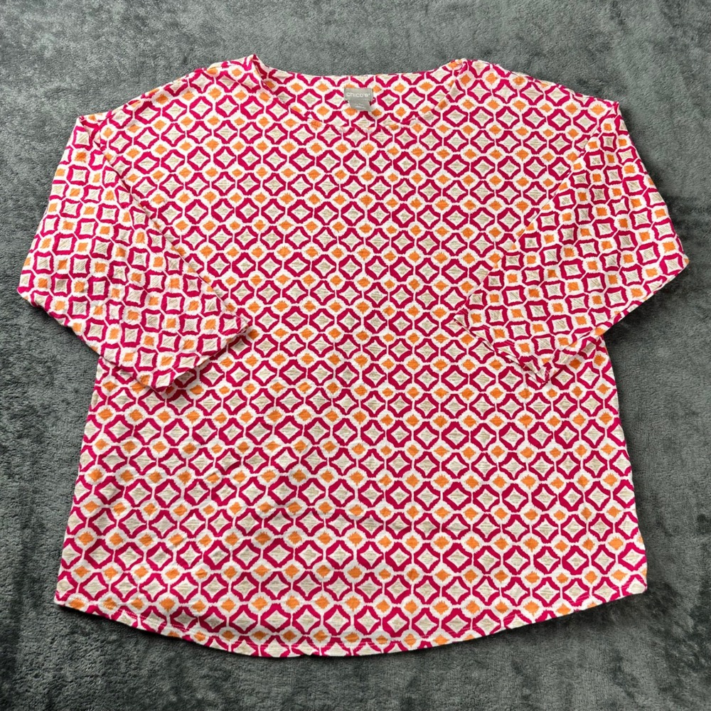 Chicos 3/4 Sleeve Geometric Ikat Print Top Pink Orange Diamond Size 2 Large
